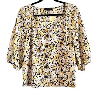Sanctuary Floral Button-Down Blouse - Yellow and Black